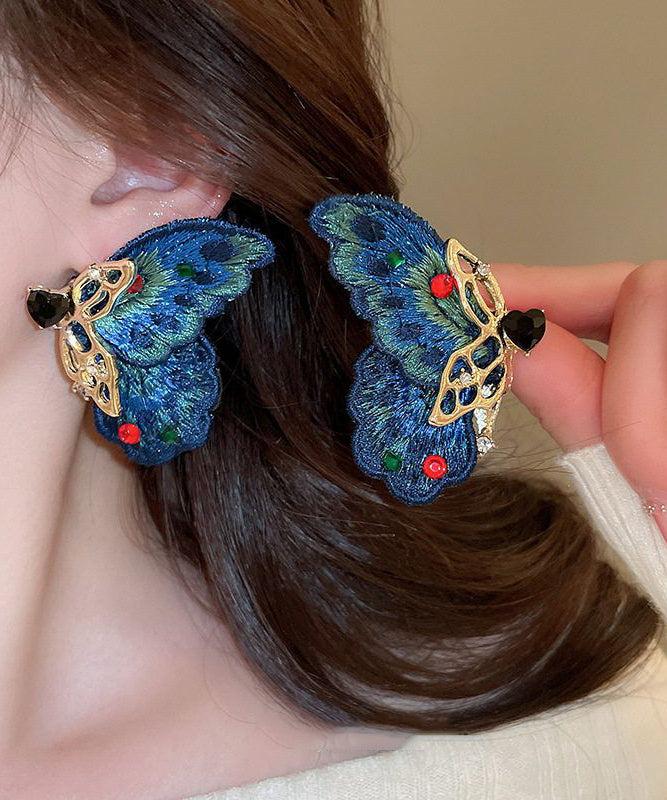 Retro Blue Alloy Zircon Woven Asymmetrical Butterfly Hoop Earrings