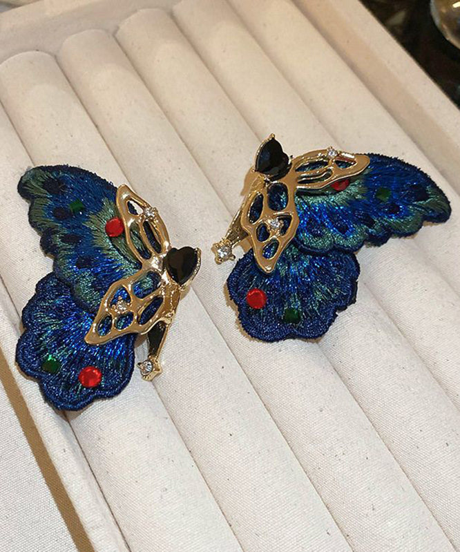 Retro Blue Alloy Zircon Woven Asymmetrical Butterfly Hoop Earrings