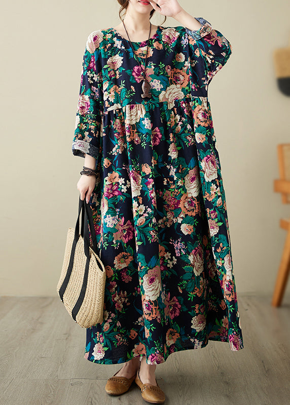 Retro Blue O-Neck Print Pockets Long Dress Spring