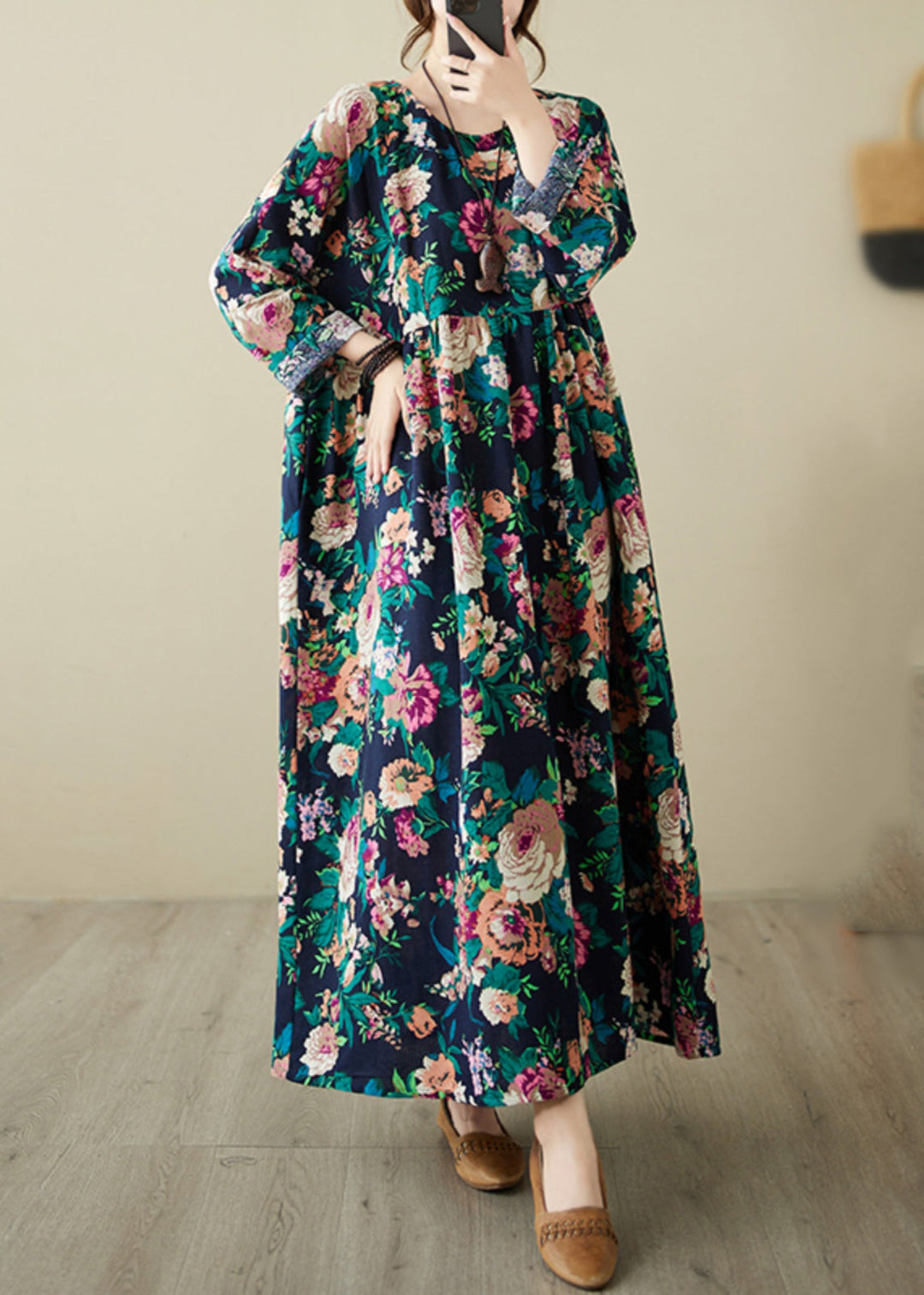 Retro Blue O-Neck Print Pockets Long Dress Spring