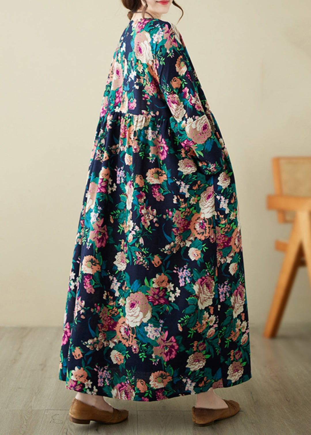 Retro Blue O-Neck Print Pockets Long Dress Spring