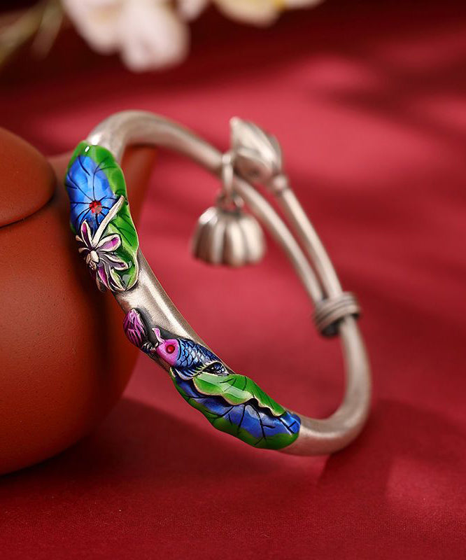 Retro Blue Sterling Silver Cloisonne Lotus Carp Cuff