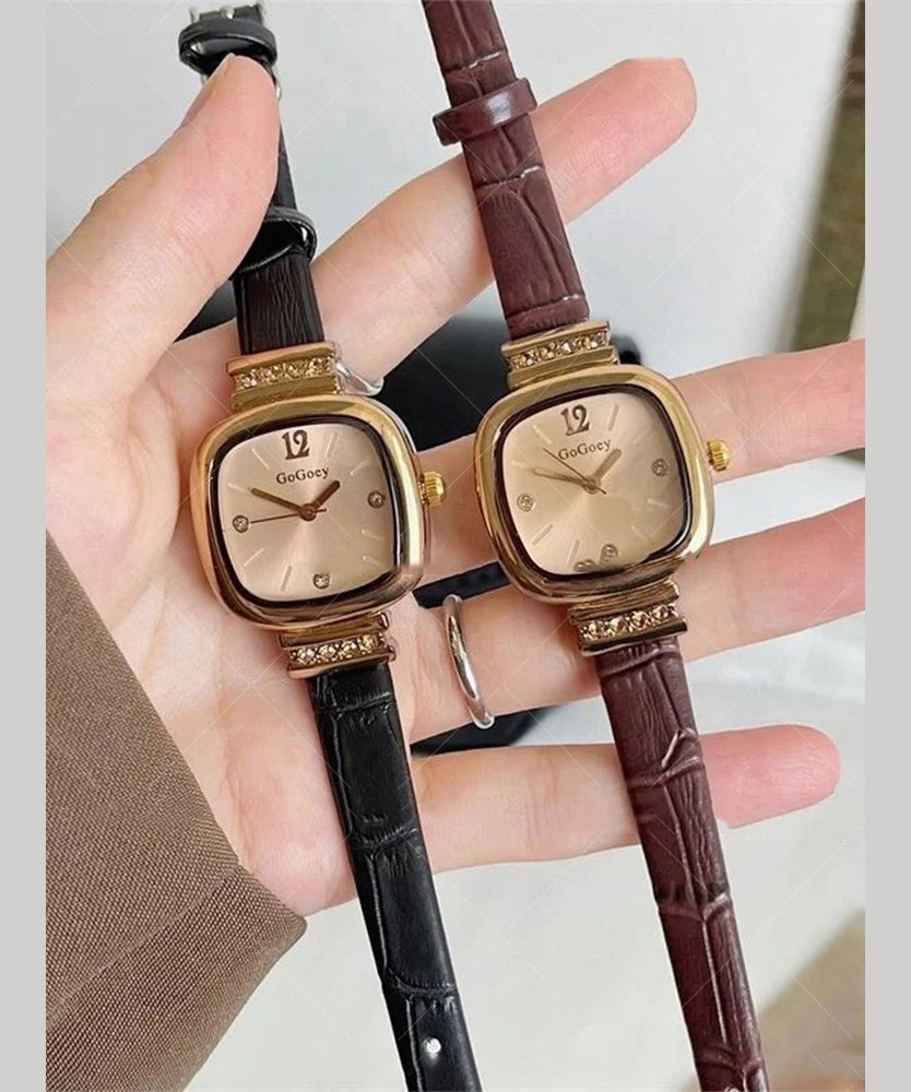 Retro Brown Leather Zircon Tempered Glass Watch