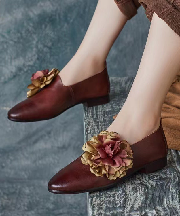 Retro Coffee Floral Splicing Loafer Shoes Cowhide Leather Pointed Toe