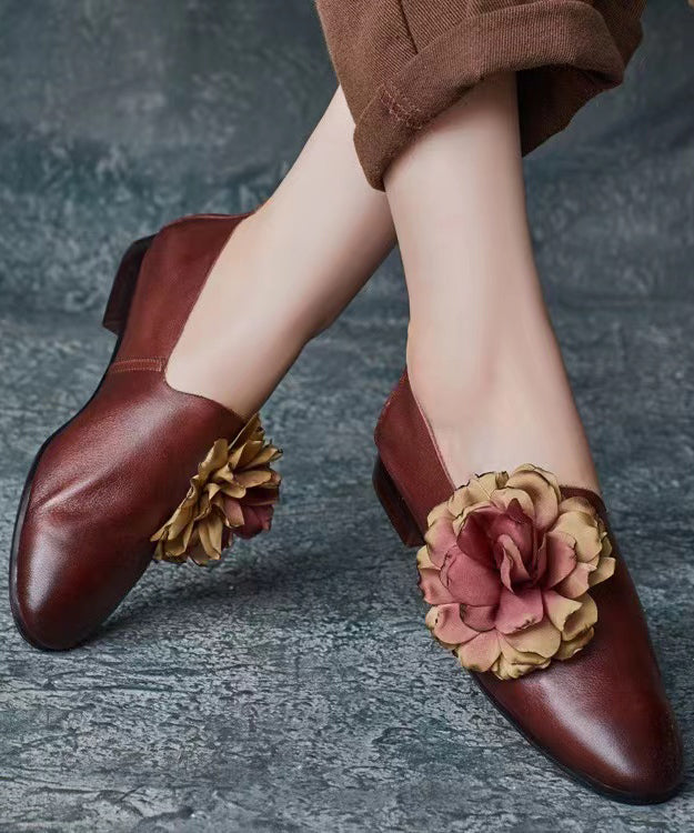 Retro Coffee Floral Splicing Loafer Shoes Cowhide Leather Pointed Toe