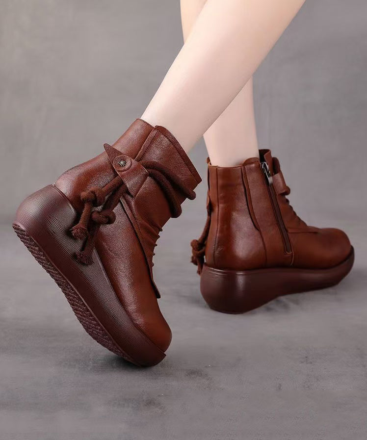 Retro Comfy Splicing Wedge Boots Brown Faux Leather