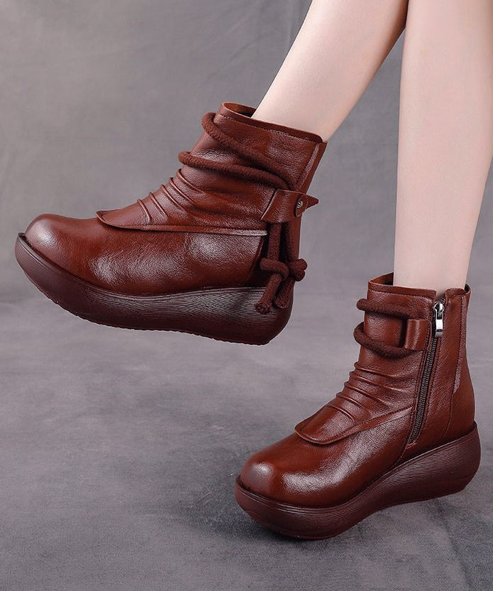 Retro Comfy Splicing Wedge Boots Brown Faux Leather