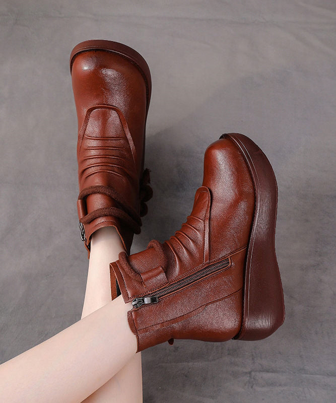 Retro Comfy Splicing Wedge Boots Brown Faux Leather