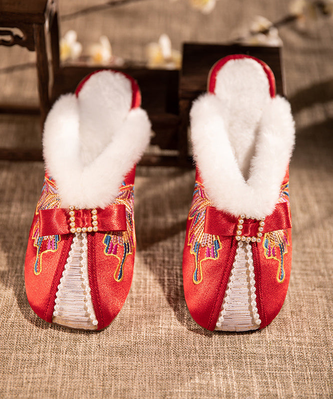 Retro Embroidery Chunky Slippers Shoes White Satin Fuzzy Wool Lined