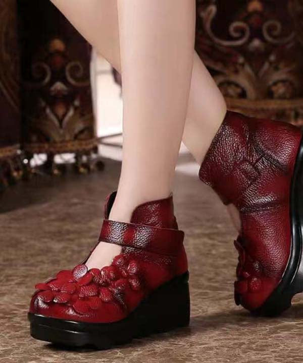 Retro Floral Splicing Platform High Heels Black Cowhide Leather