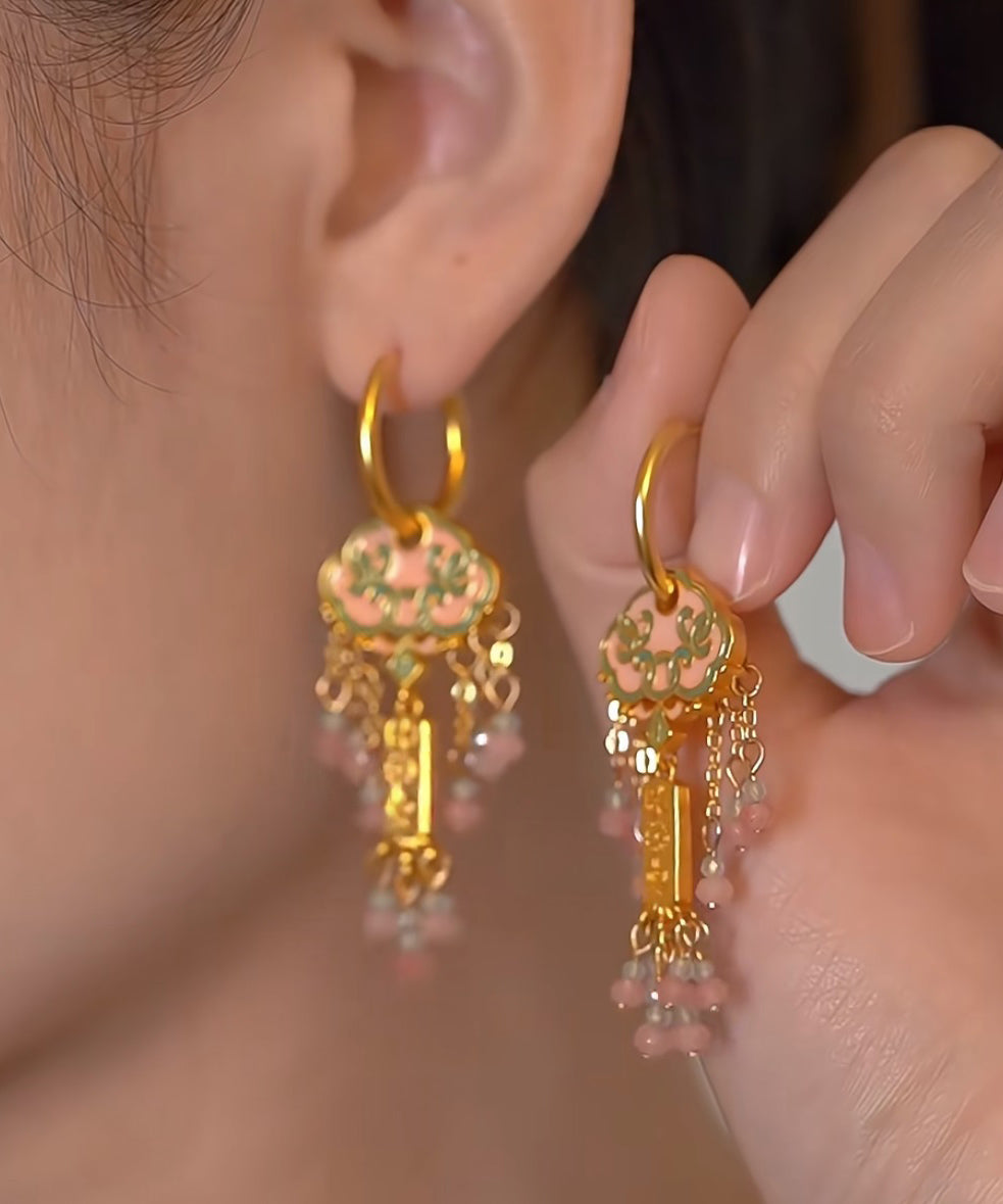 Retro Gold Copper Drip Glaze Enamel Ruyi Tassel Drop Earrings