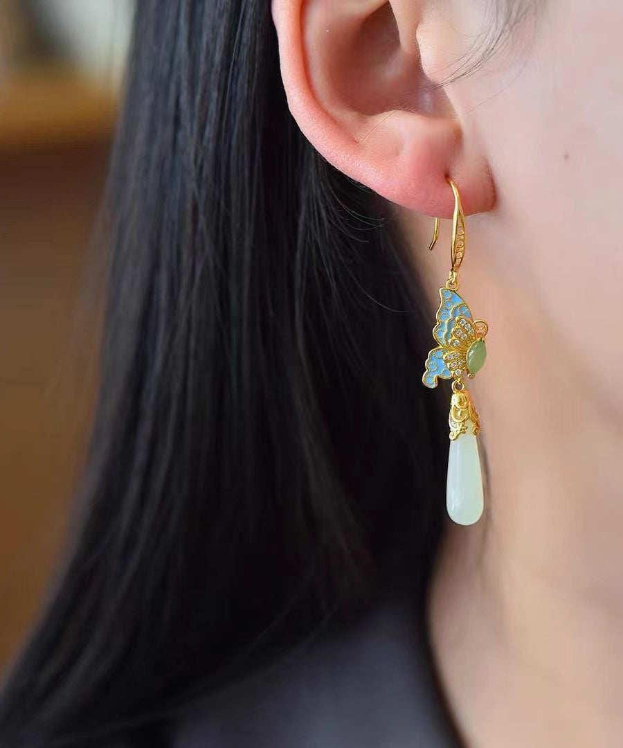 Retro Gold Sterling Silver Overgild Jade Enamel Butterfly Water Drop Drop Earrings