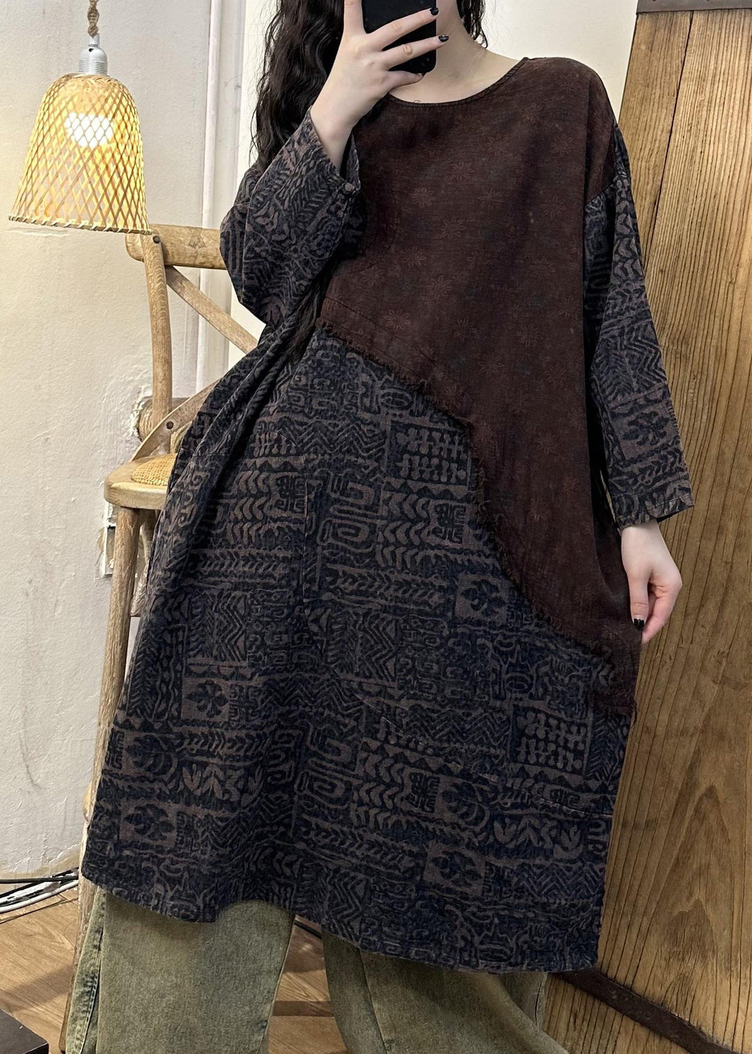 Retro Green Patchwork Print Long Dress Long Sleeve