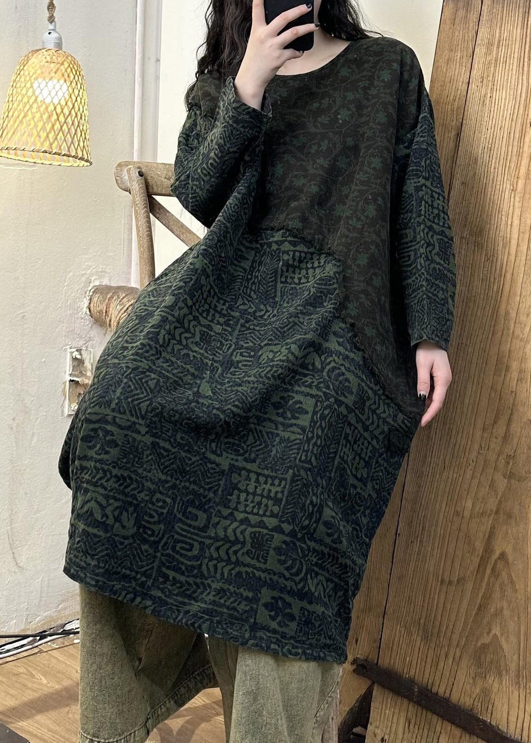 Retro Green Patchwork Print Long Dress Long Sleeve