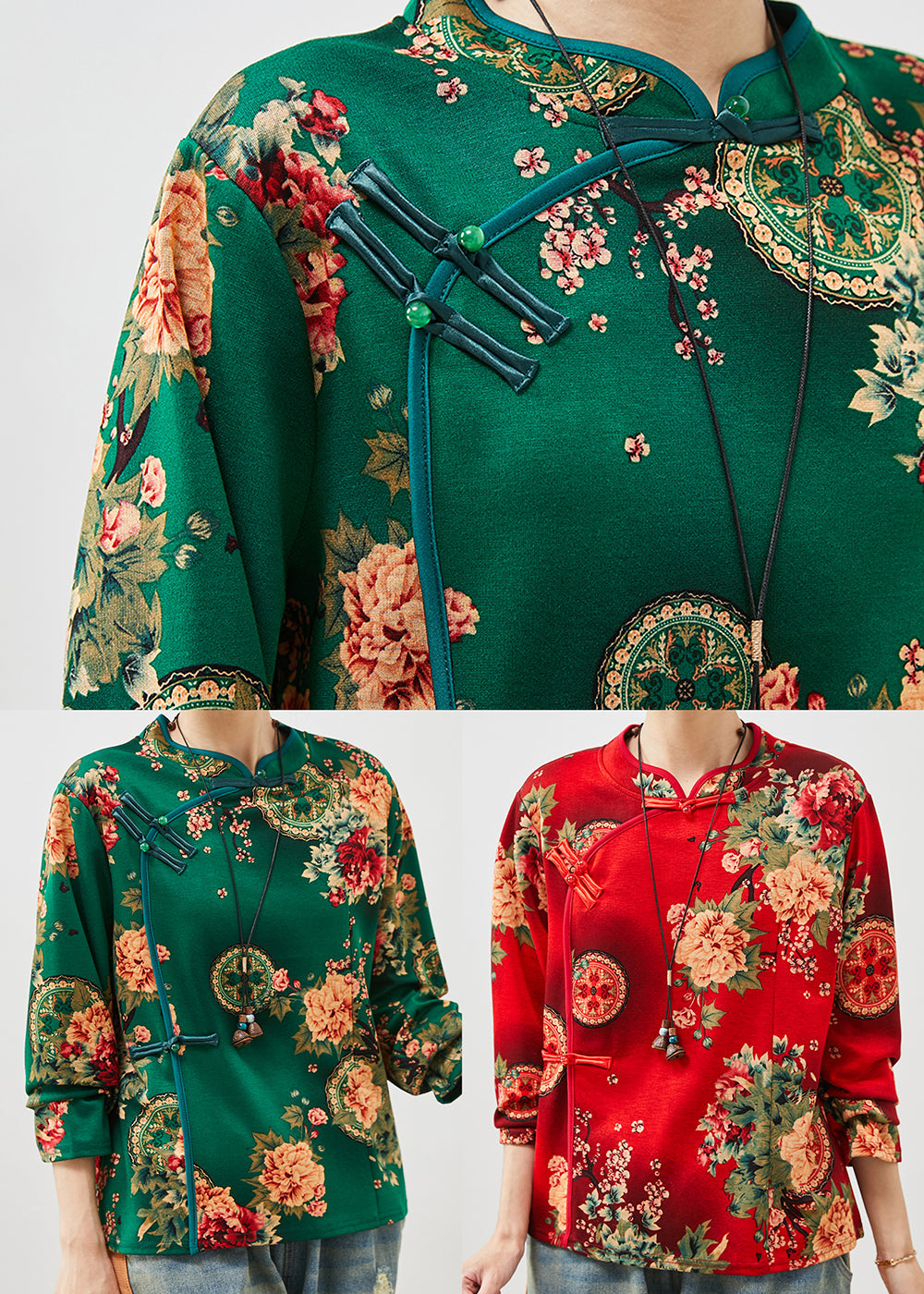 Retro Green Print Chinese Button Cotton Top Fall