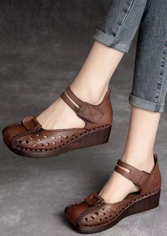 Retro Hollow Out Splicing Wedge Sandals Brown Cowhide Leather