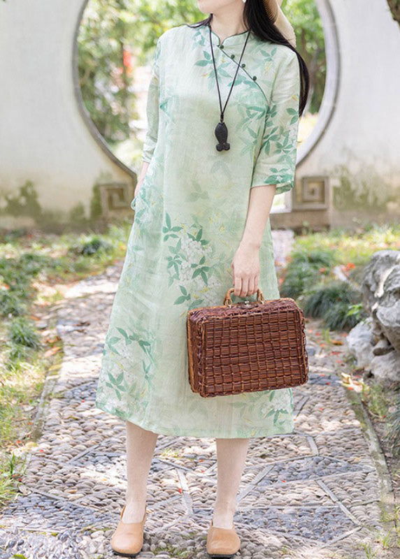 Retro Light Green Stand Collar Print Linen Dress Half Sleeve