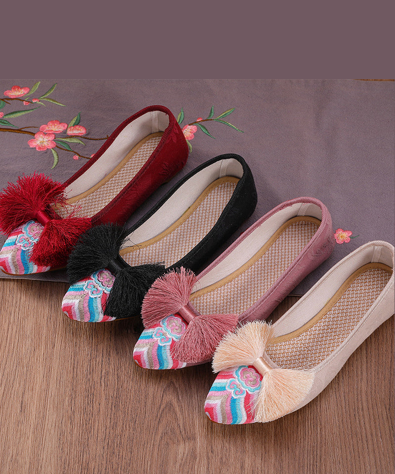 Retro Pink Embroidered Tassel Cotton Fabric Flat Shoes For Women