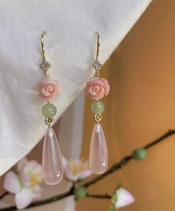 Retro Pink Sterling Silver Overgild Water Drop Rose Drop Earrings