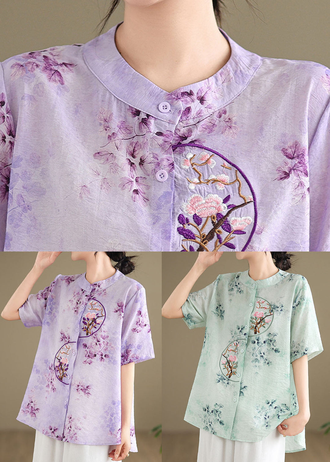 Retro Purple Stand Collar Embroidered Cotton Shirt Summer