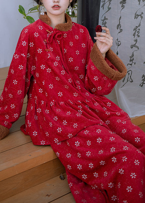 Retro Red Embroidered Patchwork Warm Fleece Sets 2 Pieces Spring