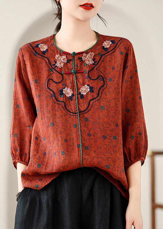 Retro Red Embroidered Print Linen Top Spring