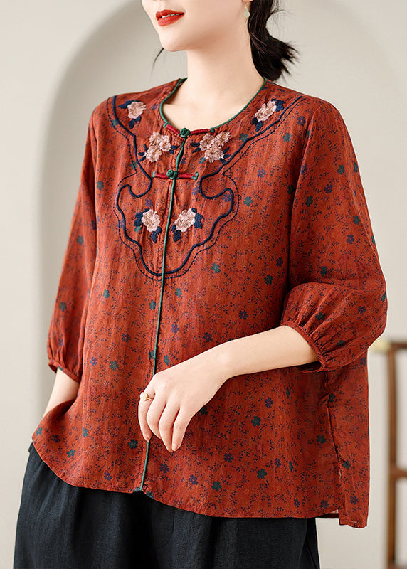 Retro Red Embroidered Print Linen Top Spring