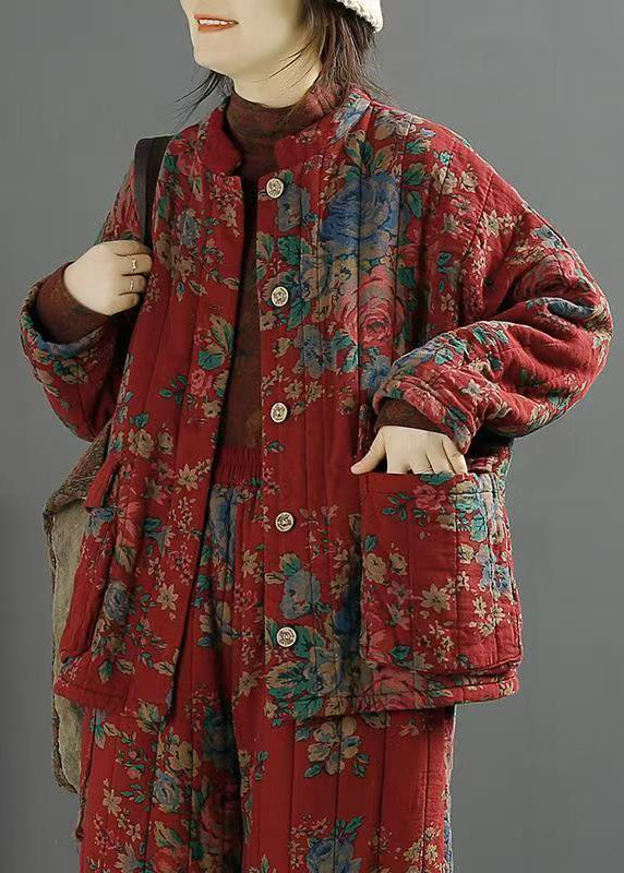 Retro Red Stand Collar Pockets Print Fine Cotton Filled Coat Winter