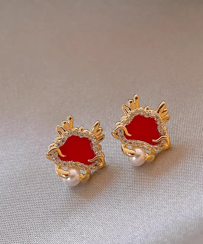 Retro Red Sterling Silver Overgild Zircon Pearl Stud Earrings