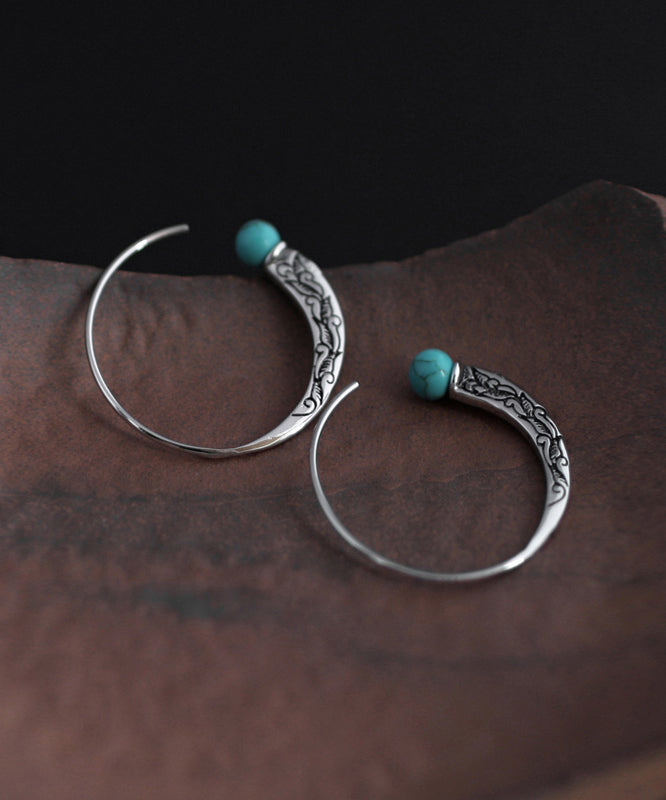 Retro Silk Sterling Silver Turquoise Hoop Earrings