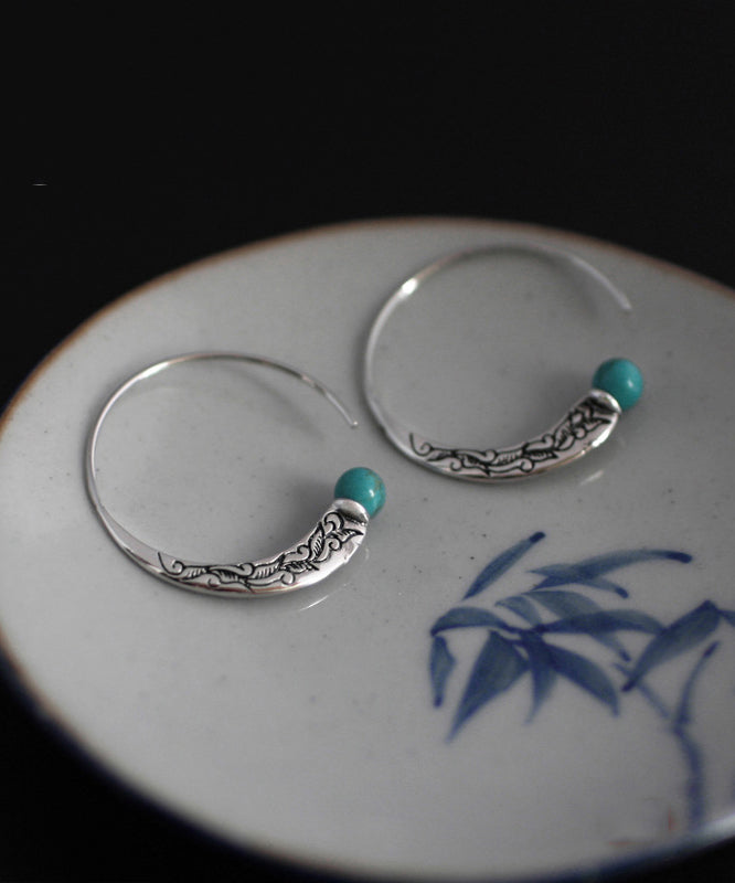 Retro Silk Sterling Silver Turquoise Hoop Earrings