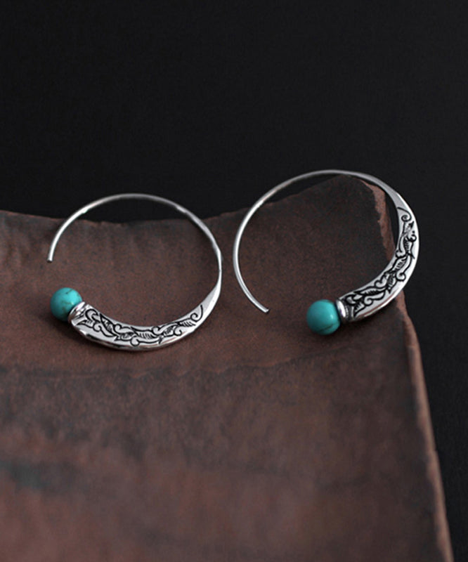 Retro Silk Sterling Silver Turquoise Hoop Earrings