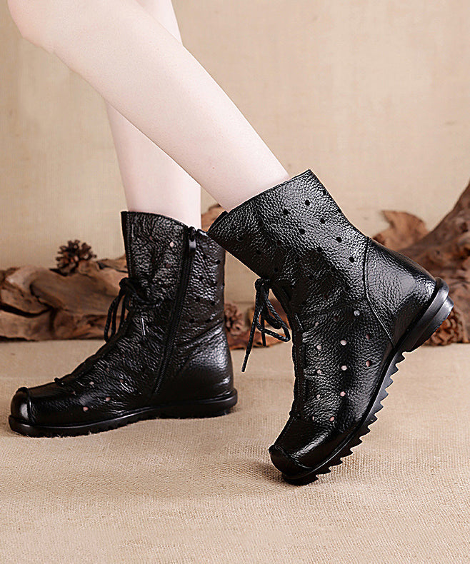 Retro Splicing Boots Black Cowhide Leather Hollow Out