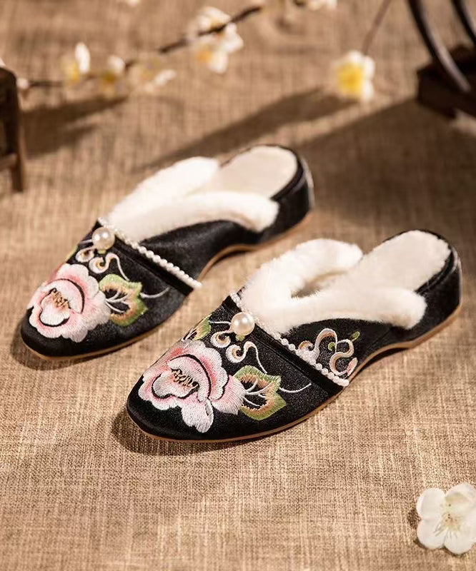 Retro White Slippers Shoes Warm Fleece Splicing Chunky Embroidery