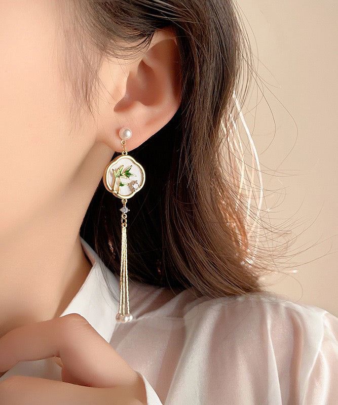 Retro White Sterling Silver Overgild Pearl Tassel Drop Earrings