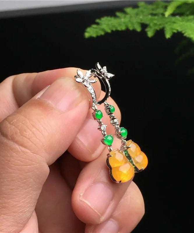 Retro Yellow Sterling Silver Zircon Jade Gourd Drop Earrings