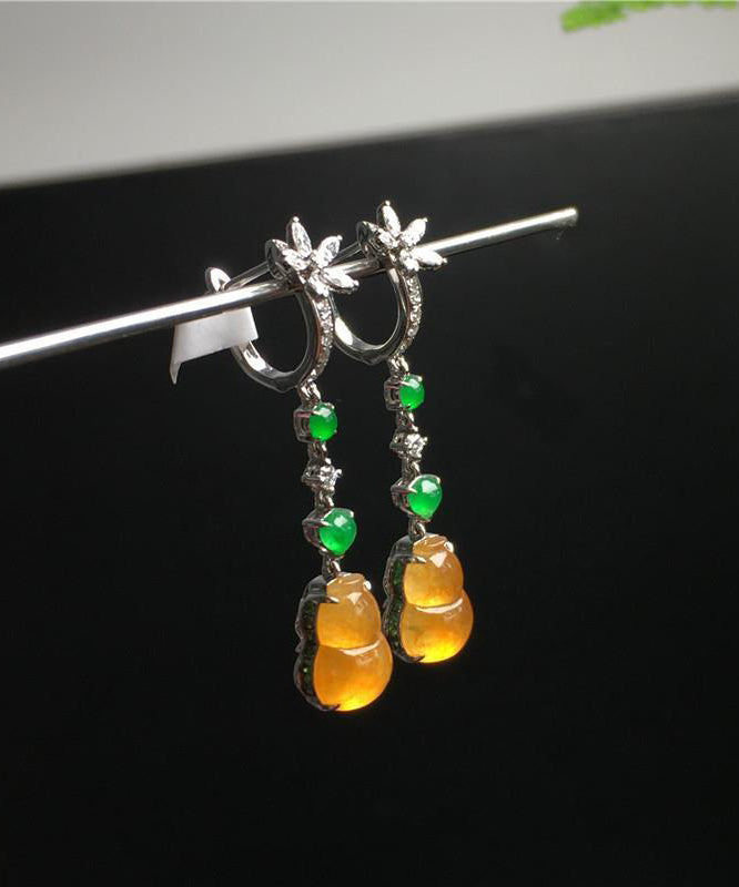 Retro Yellow Sterling Silver Zircon Jade Gourd Drop Earrings