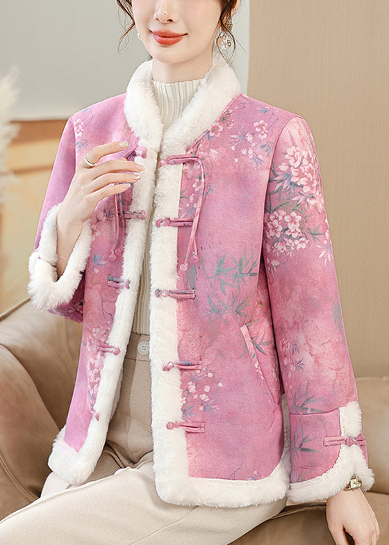 Rose Button Pockets Warm Fleece Winter Parkas Coat Fur Collar