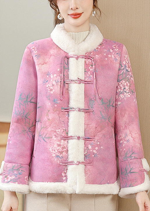 Rose Button Pockets Warm Fleece Winter Parkas Coat Fur Collar