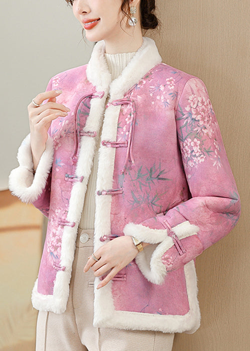 Rose Button Pockets Warm Fleece Winter Parkas Coat Fur Collar