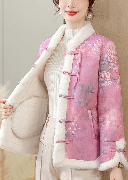 Rose Button Pockets Warm Fleece Winter Parkas Coat Fur Collar