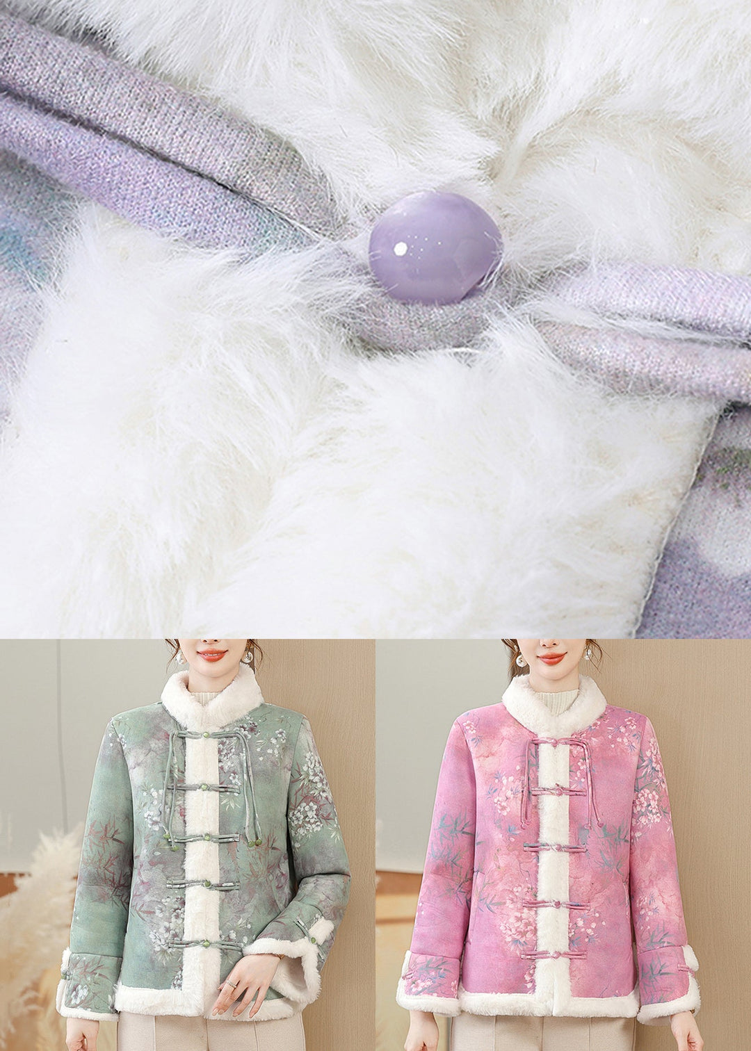 Rose Button Pockets Warm Fleece Winter Parkas Coat Fur Collar