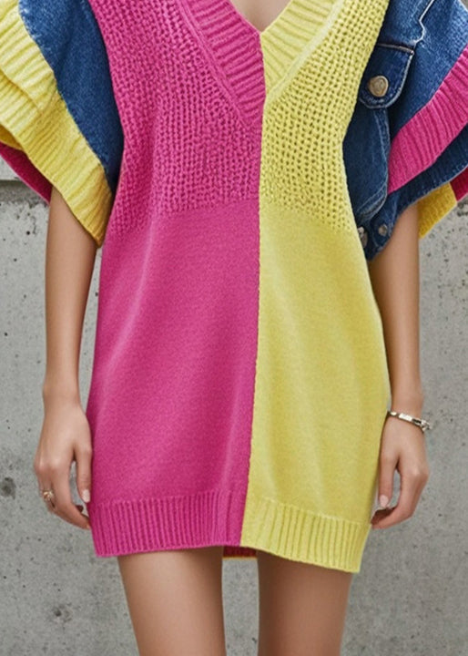 Rose Patchwork Knit Sweater V Neck Butterfly Sleeve