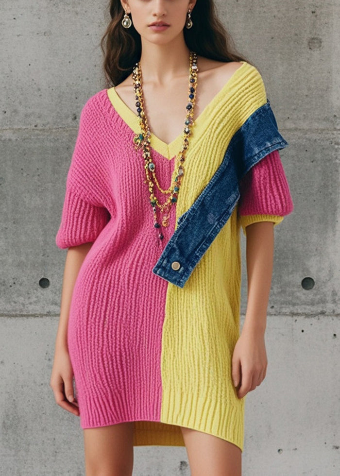 Rose Patchwork Knitted Dress Asymmetrical Design Fall