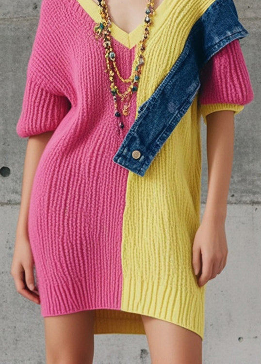 Rose Patchwork Knitted Dress Asymmetrical Design Fall