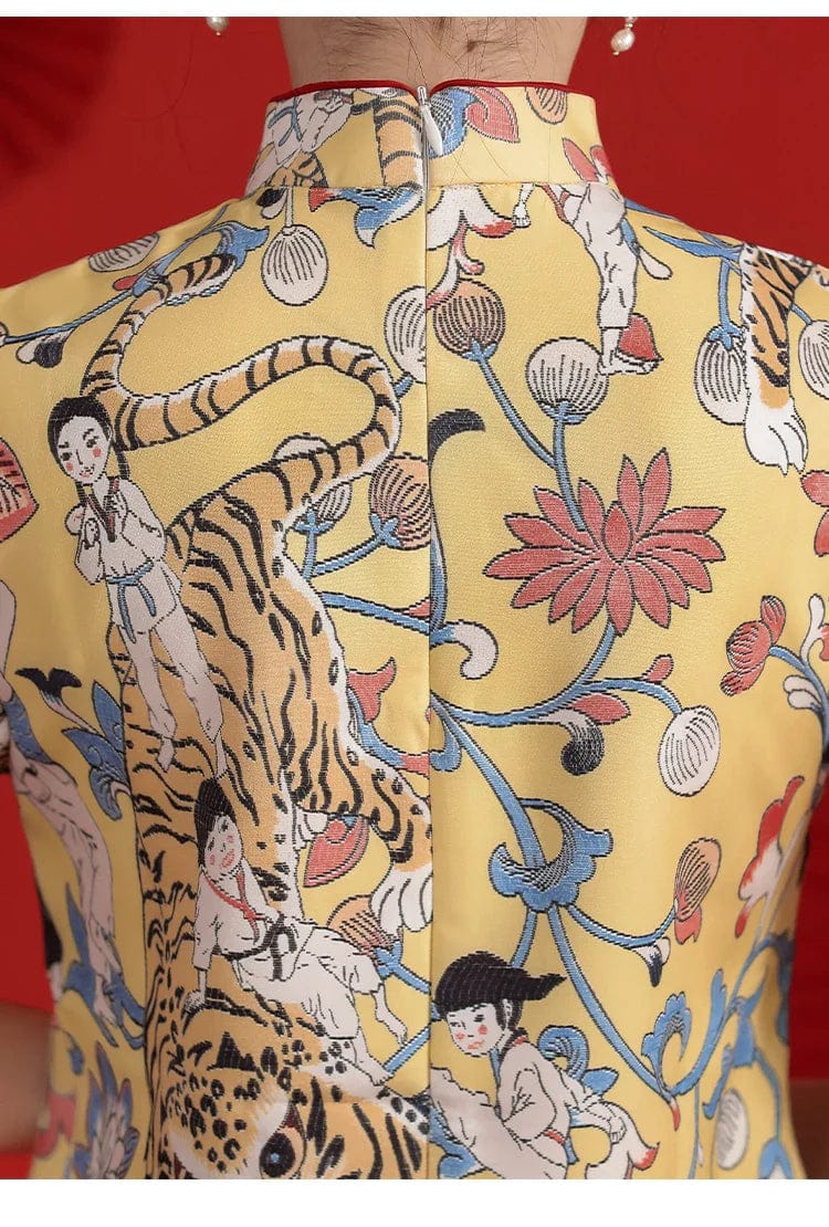 Light Yellow Festival Tiger Print Cheongsam Dress