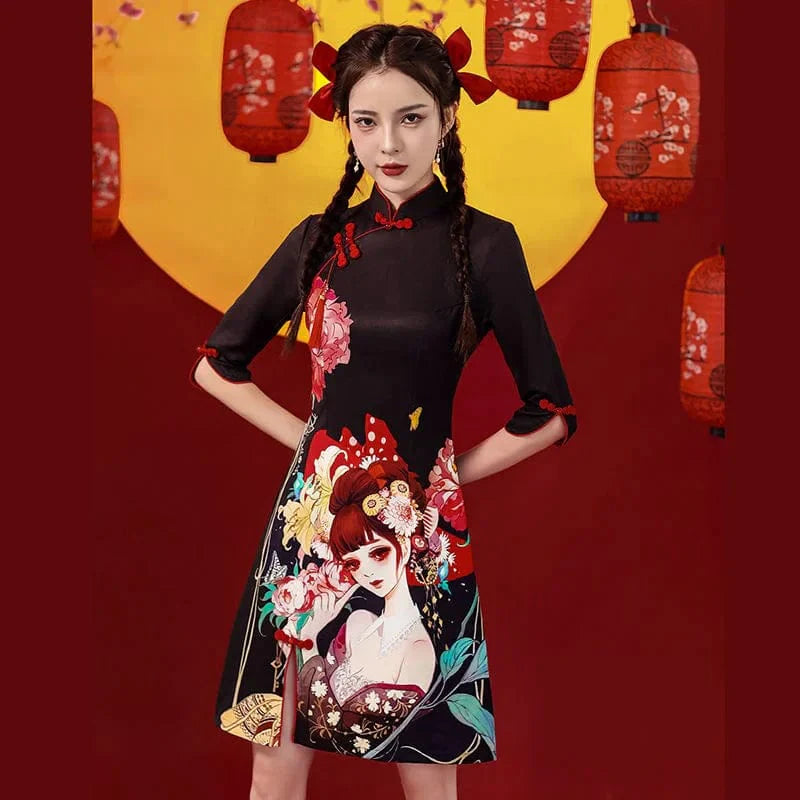 Tattoo Beauty Print Cheongsam Dress Short Sleeve