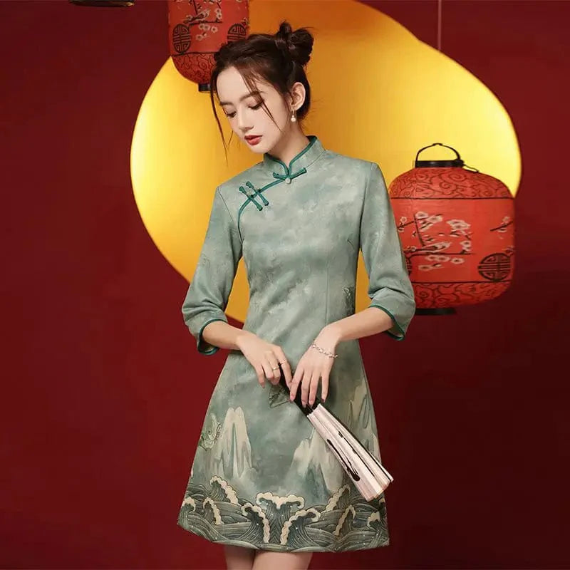 Light Green Landscape Print Cheongsam Dress