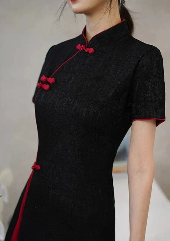 Loose Basic Design Black Red Cheongsam Dress Short Sleeve