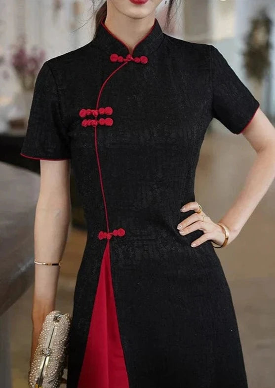 Loose Basic Design Black Red Cheongsam Dress Short Sleeve